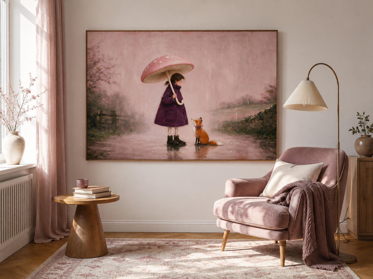 Vintage Girl With Fox Under Mushroom Umbrella In Rain Original Oil Painting