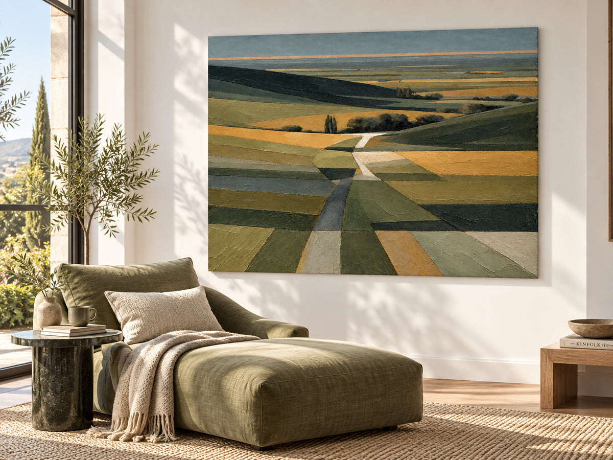 Minimalist Impressionist Oil Painting With Geometric Fields And Moody Sky