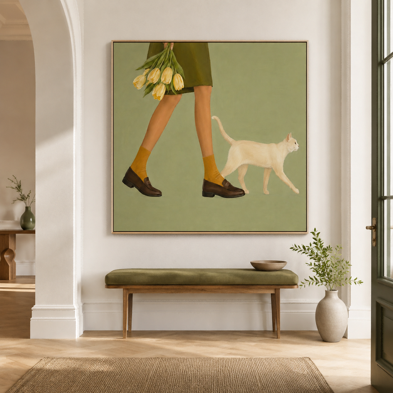 Minimalist Figurative Oil Painting Of Daily Life Moments Woman With Tulips And Cat Hand-Painted Canvas Art
