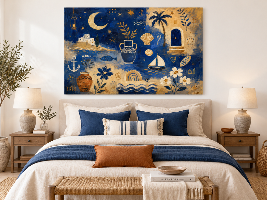 Abstract Modern Vintage Style Painting With Geometric Sea Motifs