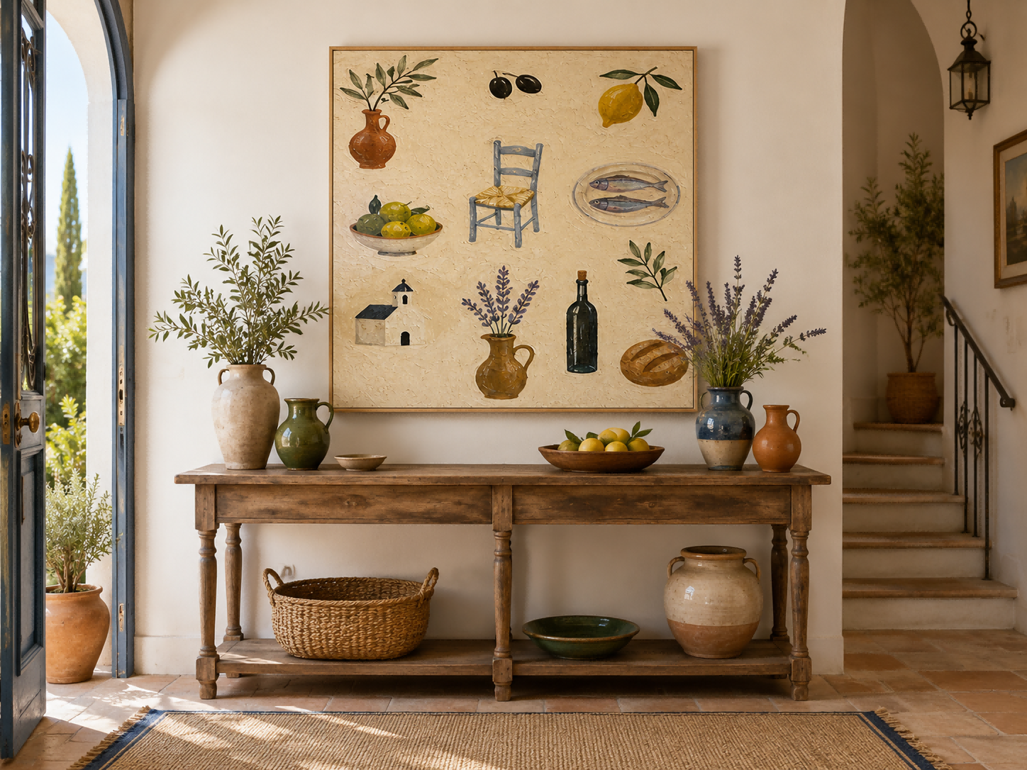 Greek Island Style Living Room Art Blue Chair And Lavender Square Painting