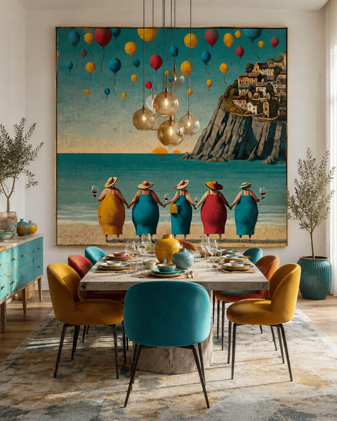 Vibrant Colorful Square Canvas Art Of Coastal Sunset And Friends