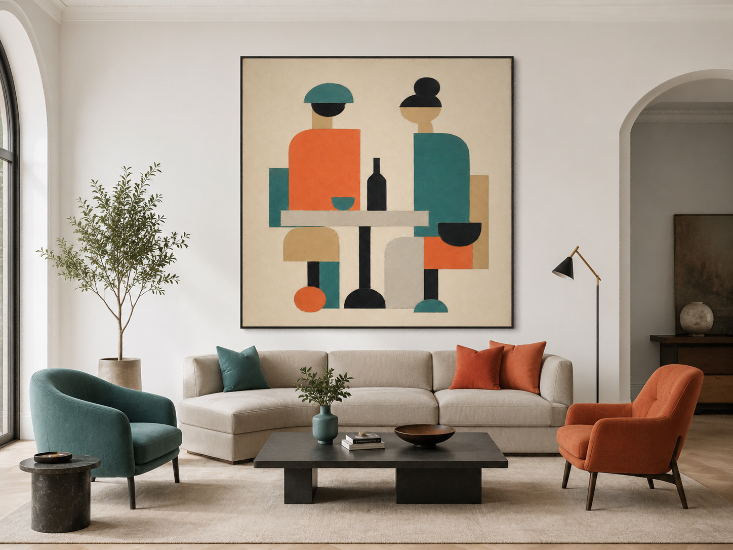 Abstract People Canvas Painting Geometric Figures With Wine Bottle