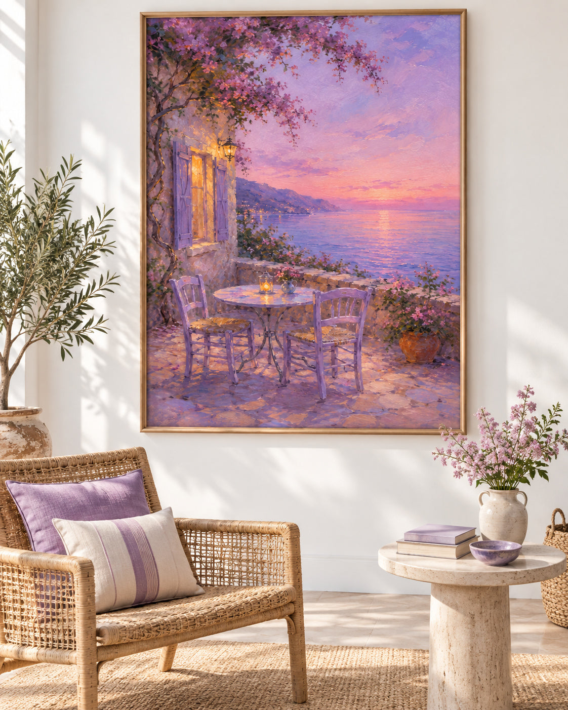 Modern Impressionist Oil Painting Of Dreamy Pink Purple Twilight Seascape