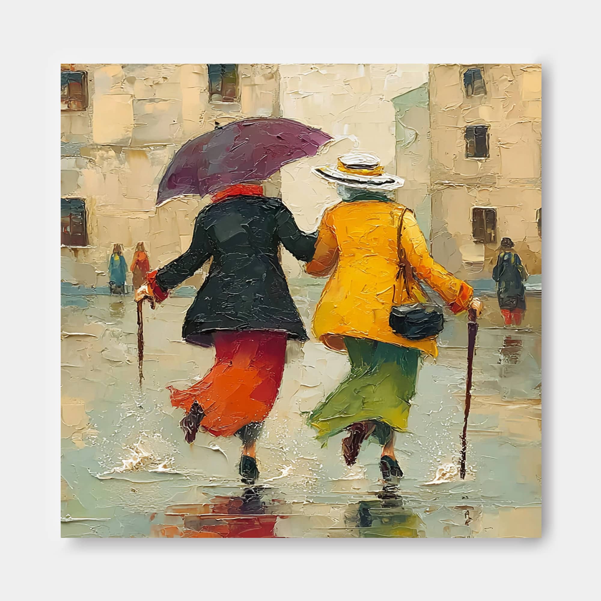 Vintage Style Canvas Art Depicting Joyful Friendship And Rainy Day City Life Square Wall Decor