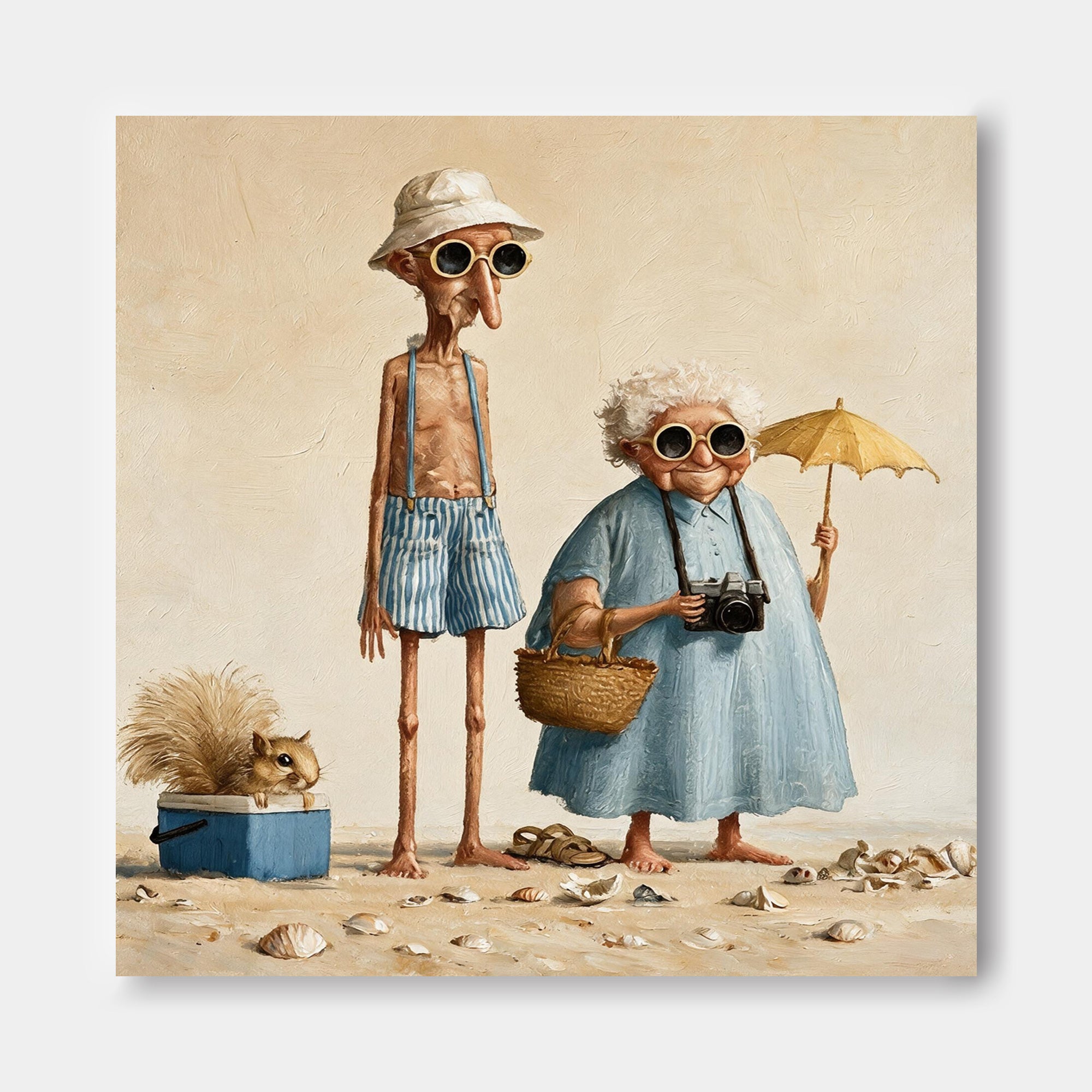 Vintage Couple Beach Painting Square Canvas Wall Art For Living Room Decor
