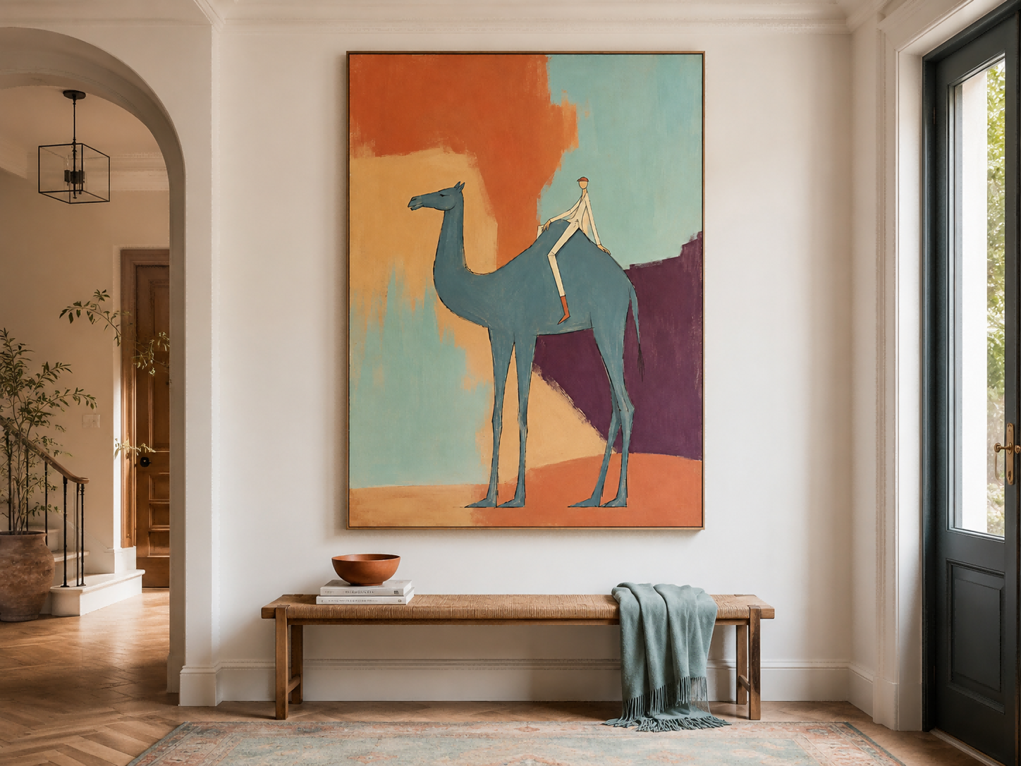 Creative Modernist Figurative Art With Bold Colors And Unique Composition Blue Camel And Rider Abstract Canvas Painting With Color Block Background