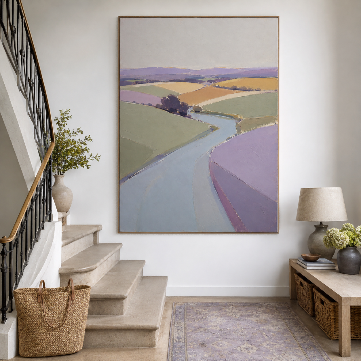 Geometric Abstract Art Canvas Featuring Serene Purple And Green Countryside Scene