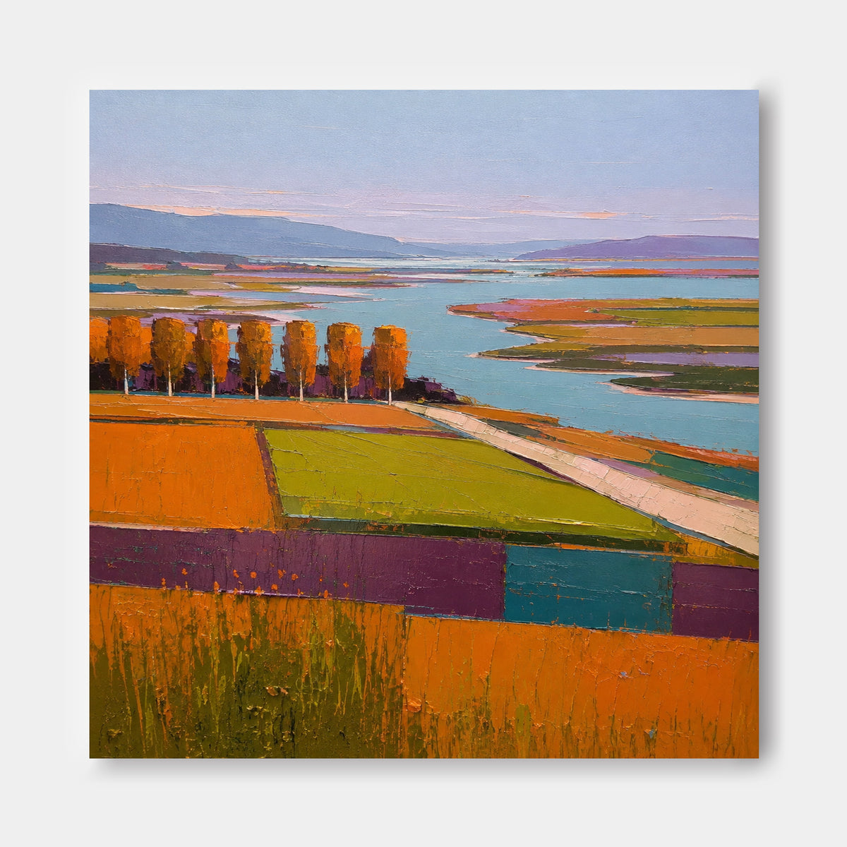 Hand-Painted Autumn Landscape Canvas Art With Golden Fields And Lake