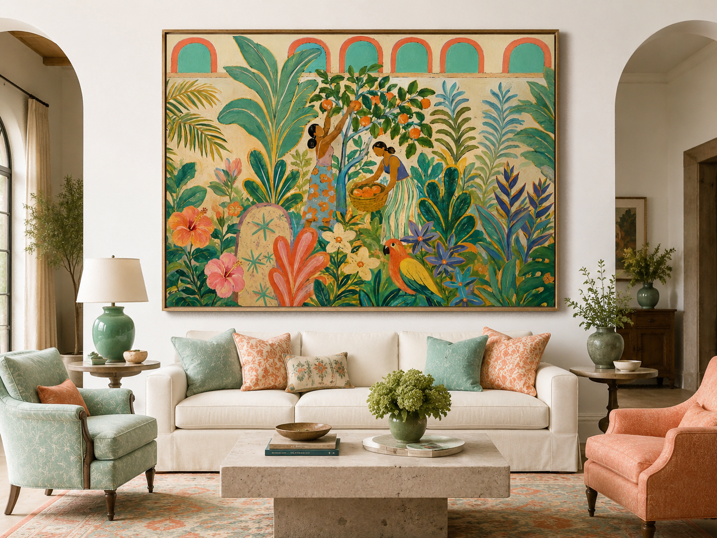 Fantasy Landscape Oil Painting In Art Deco Style Featuring Fruit Picking And Exotic Birds On Canvas