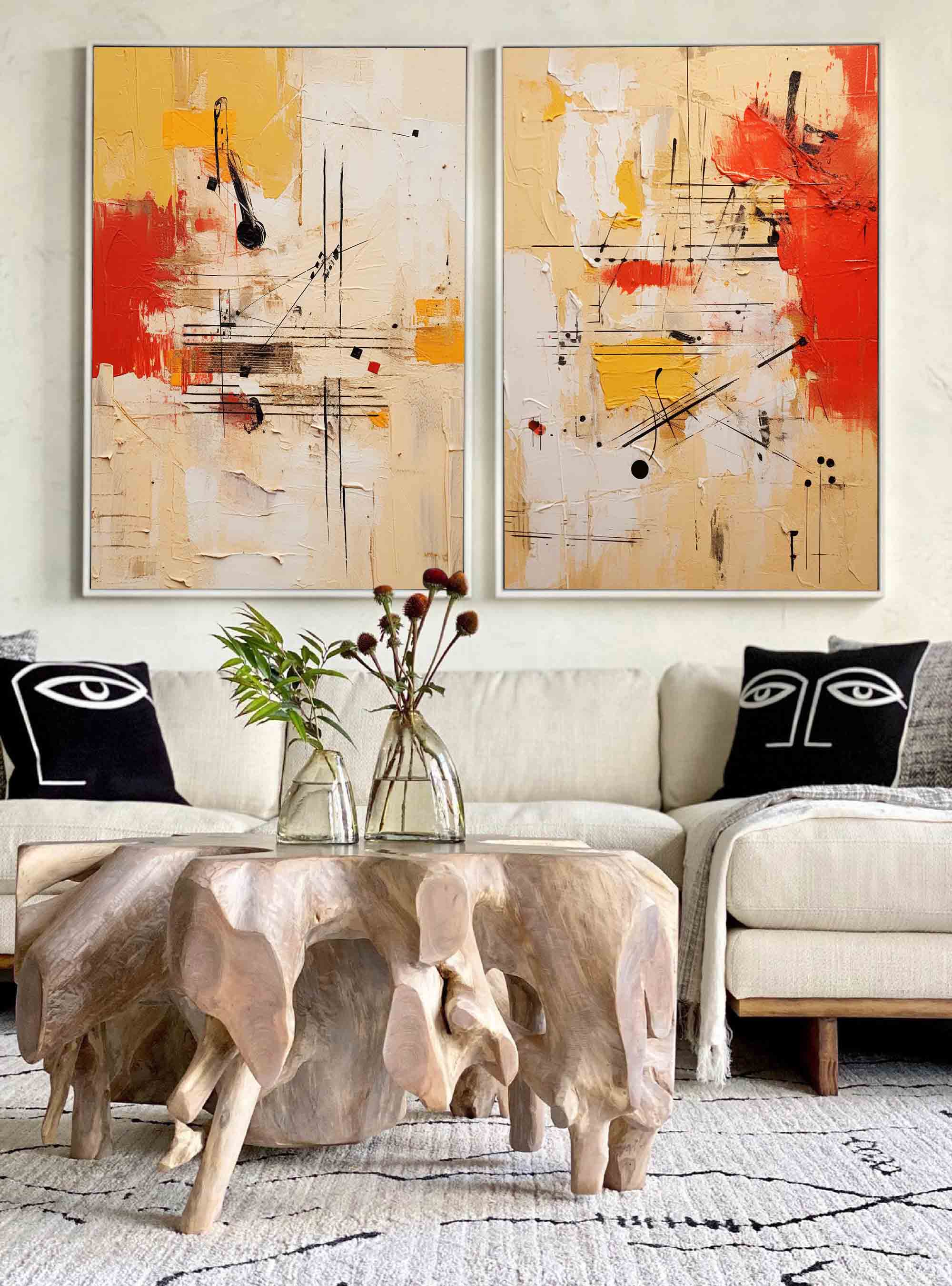 Set of 2 Large Original Music Note Graffiti Acrylic Painting Vibrant Yellow Abstract Graffiti Oil Painting Modern Wall Art Living Room Decor