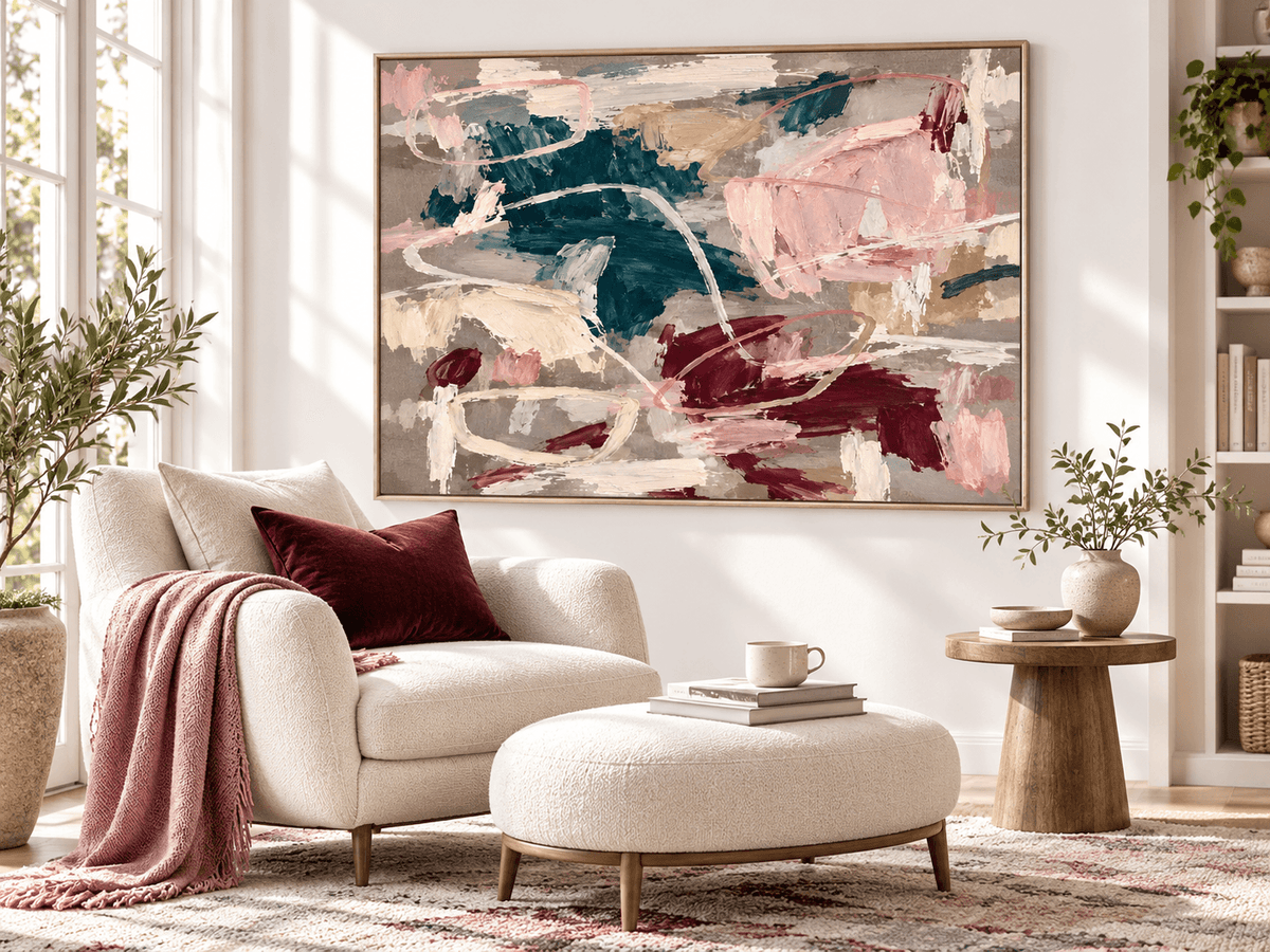 Hand-Painted Abstract Canvas Art With Crimson And Teal Textured Brushstrokes