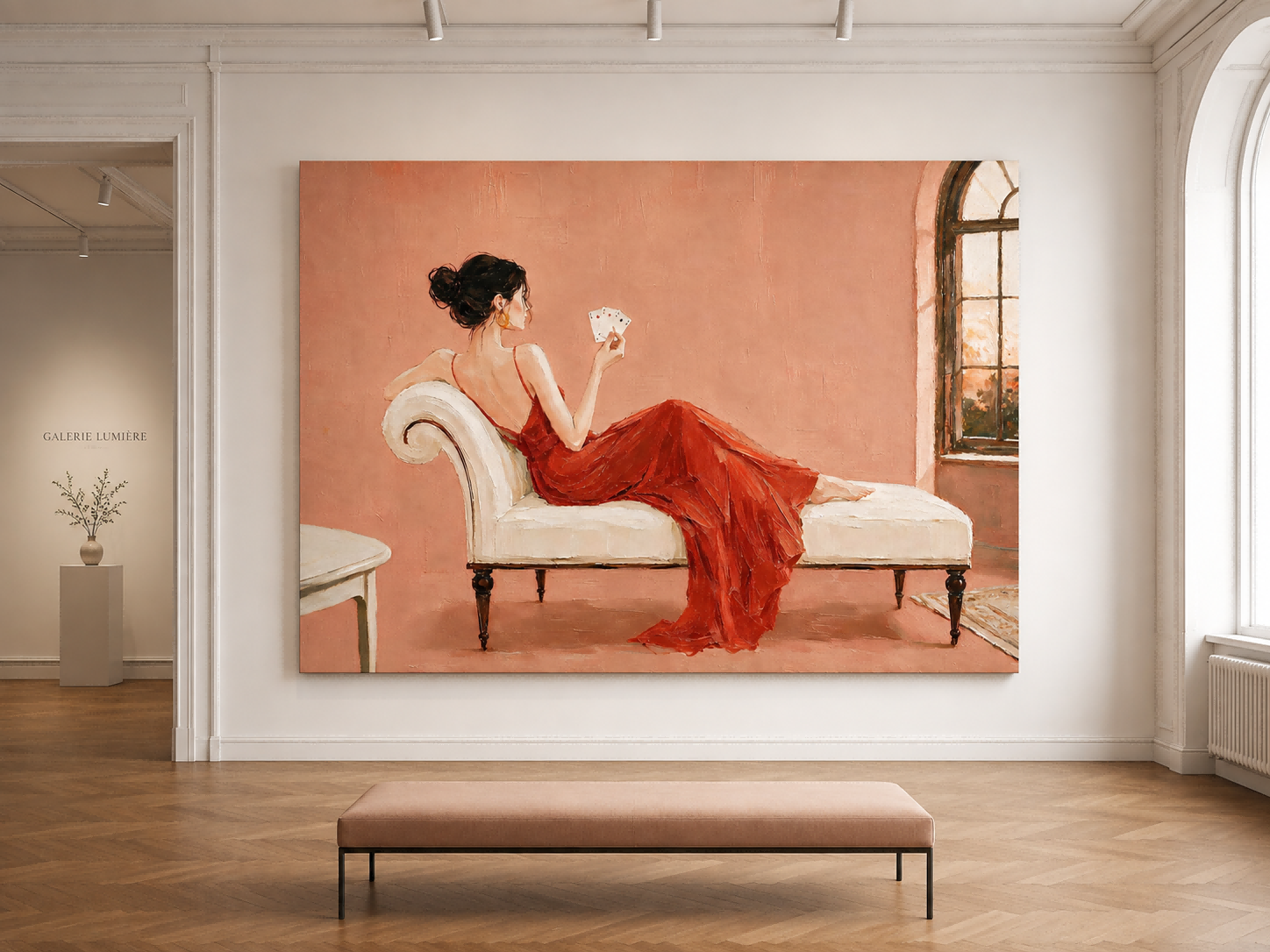 Elegant Woman In Red Dress Oil Painting For Bedroom Wall Art Decor