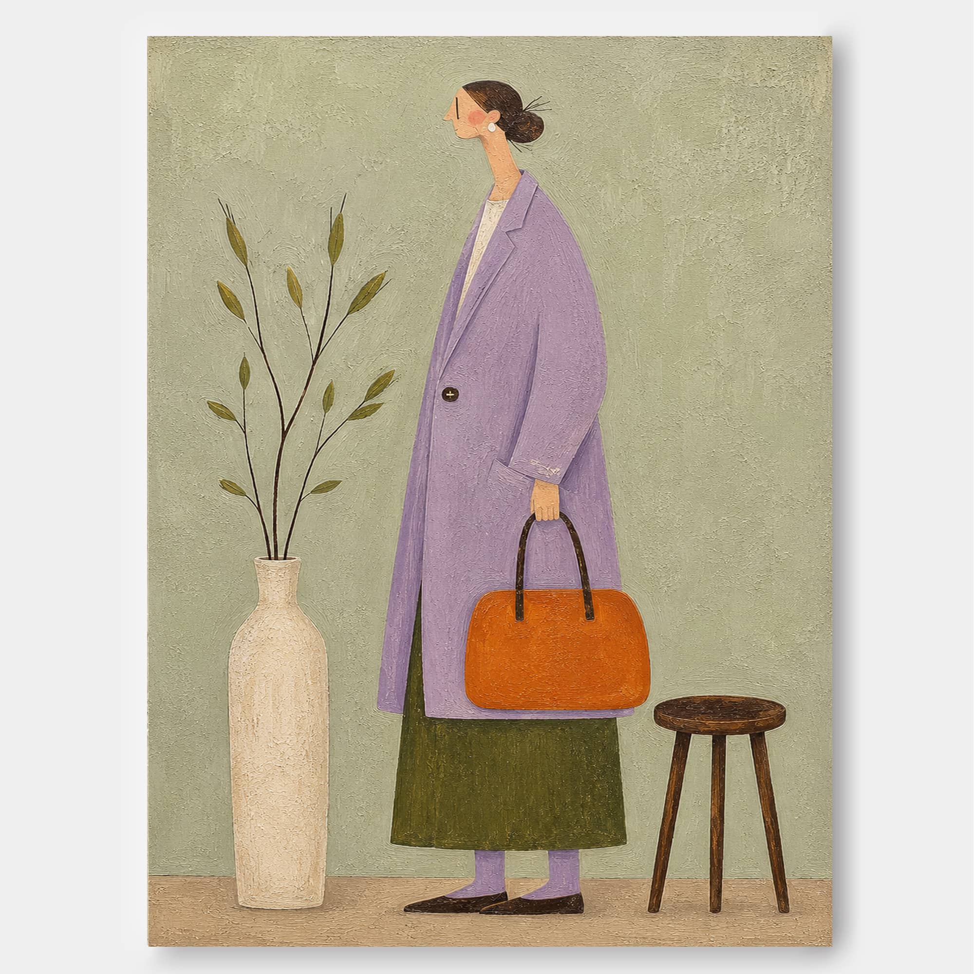 Charming Naive Art Painting Of Woman In Purple Coat For Modern Home Decor