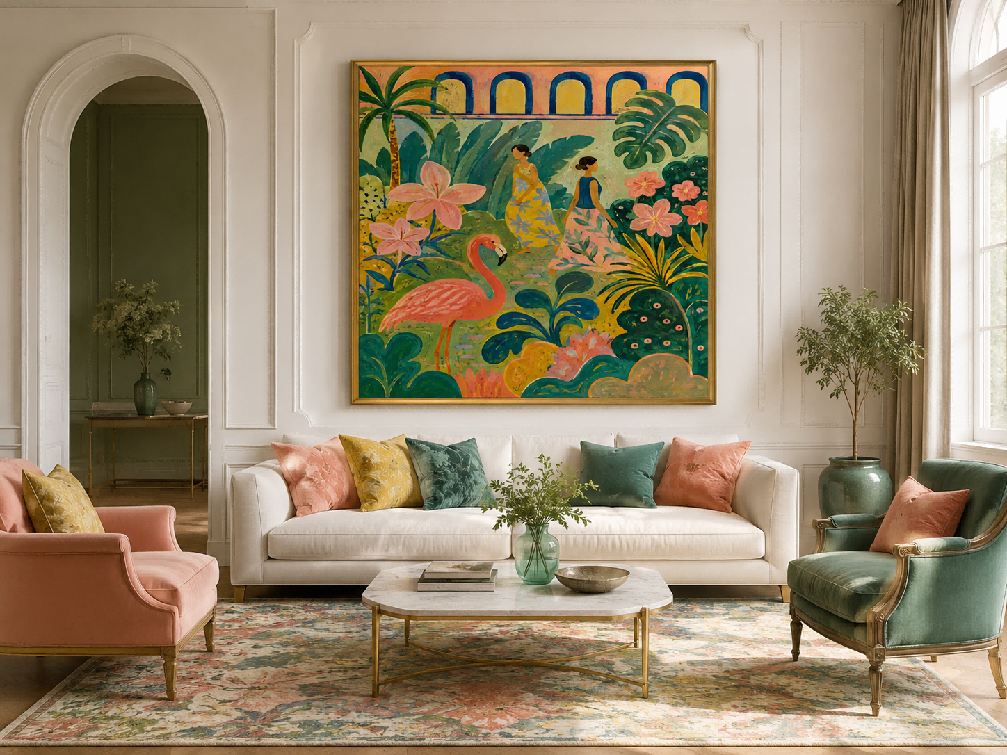 Flamingo And Women In Tropical Garden Hand-Painted Canvas Art Art Deco Fantasy Landscape Painting With Pink And Green Tones