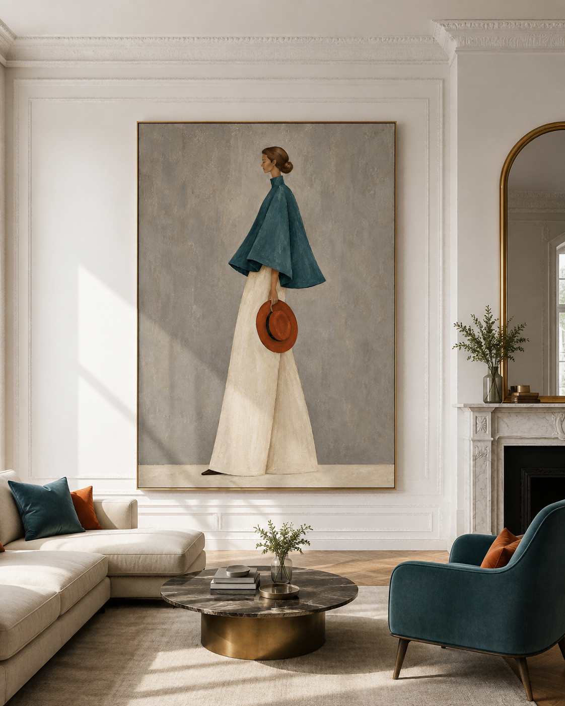 Teal And White Abstract Figure Painting Modern Fashion Art On Canvas