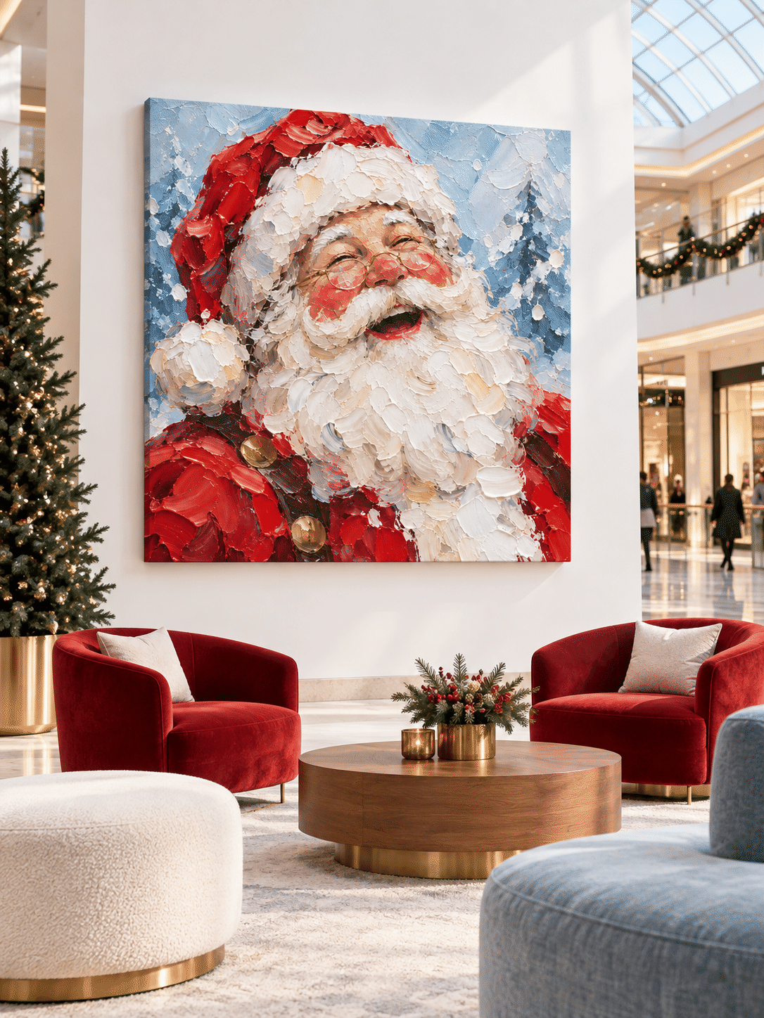 Hand-Painted Laughing Santa Portrait With Textured Red And Blue Canvas Art