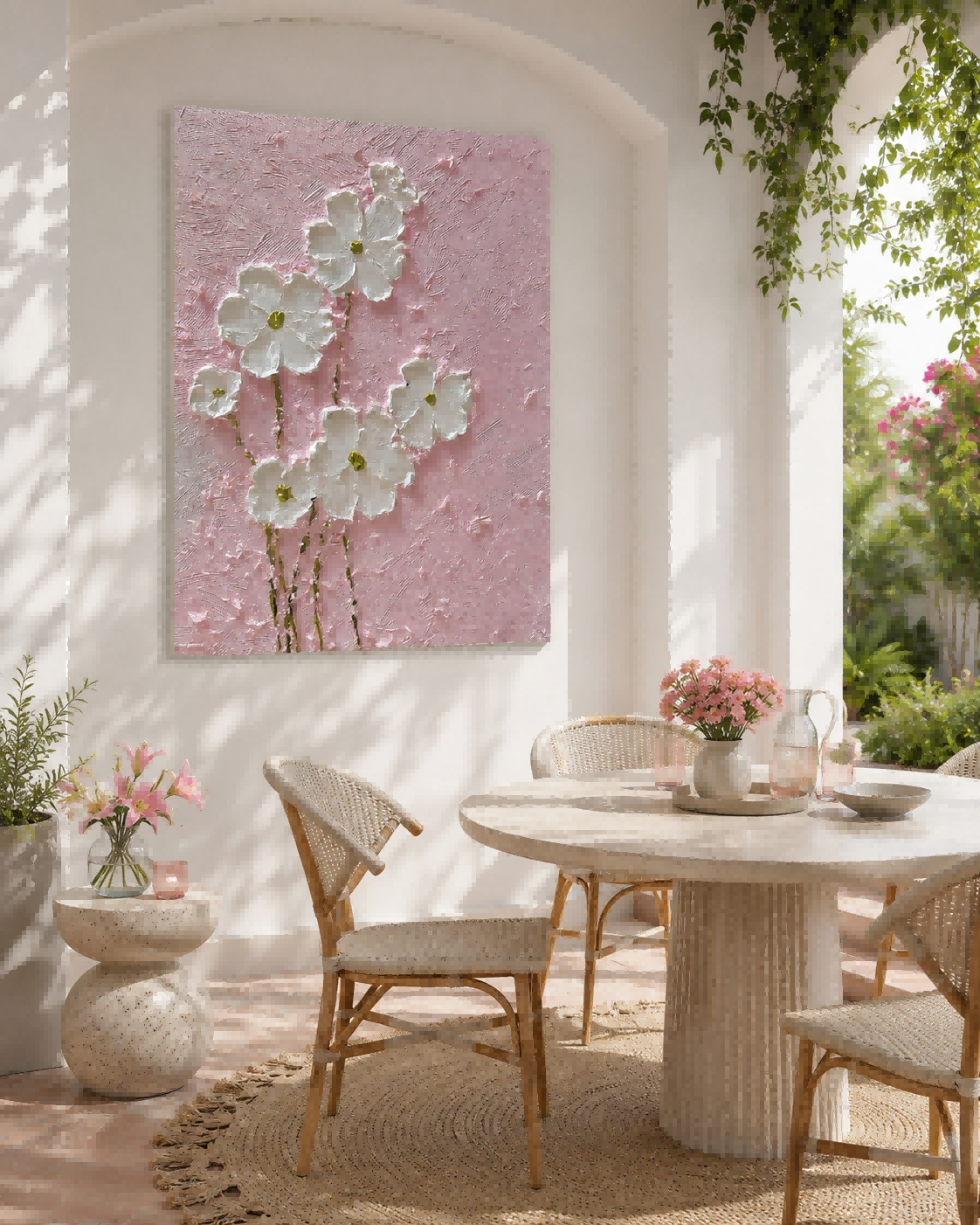 Modern Textured Art Piece With Abstract White Flowers On Pink Background