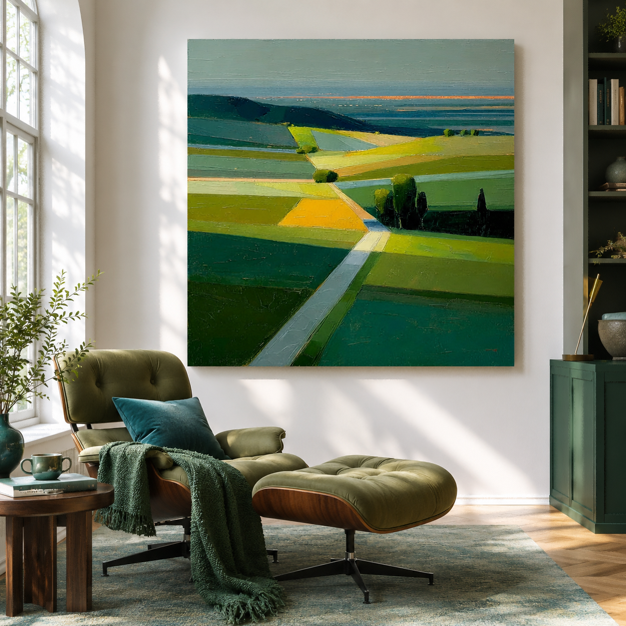 Modern Abstract Landscape Oil Painting With Textured Green And Orange Fields For Contemporary Home Decor