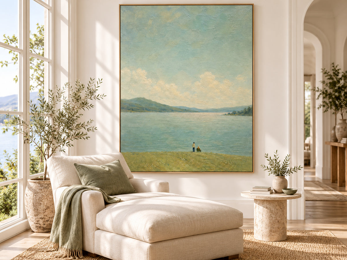 Serene Lakeside Couple Gazing At Distant Mountains Hand-Painted Canvas Art