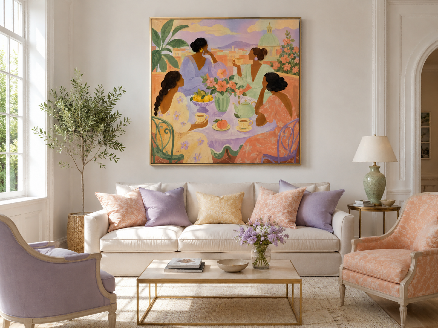 Art Deco Inspired Dreamy Female Gathering Original Canvas Art With Floral Details