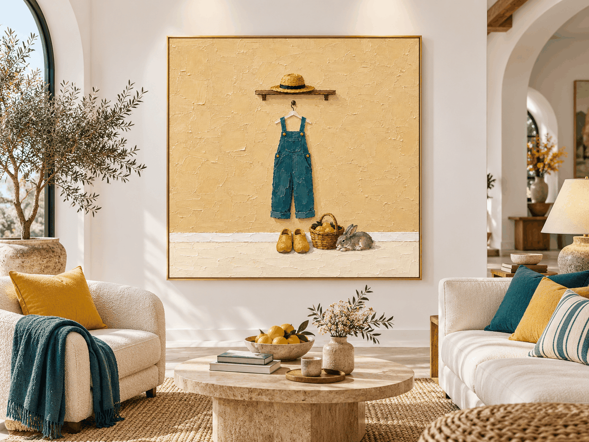 Rabbit And Overalls Wall Art Charming Entryway Art With Textured Beige And Blue-Green Tones