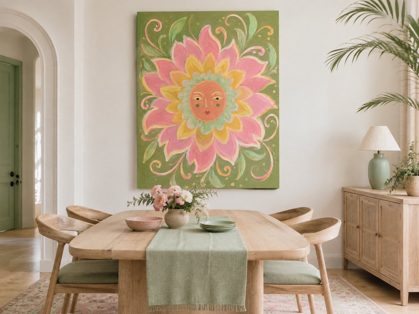 Art Deco Inspired Fantasy Flower Painting With Serene Sun Face Design