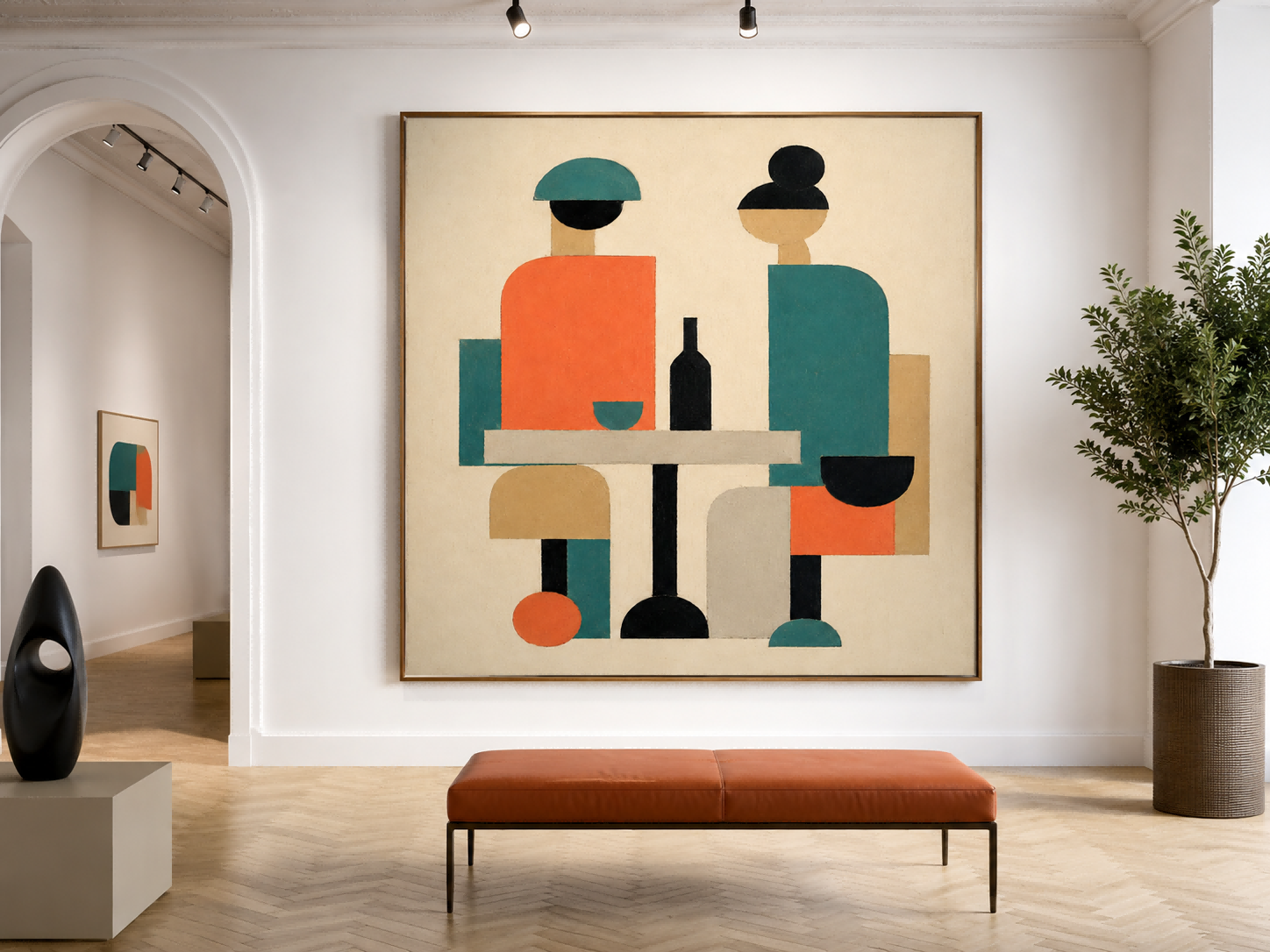 Abstract People Canvas Painting Geometric Figures With Wine Bottle