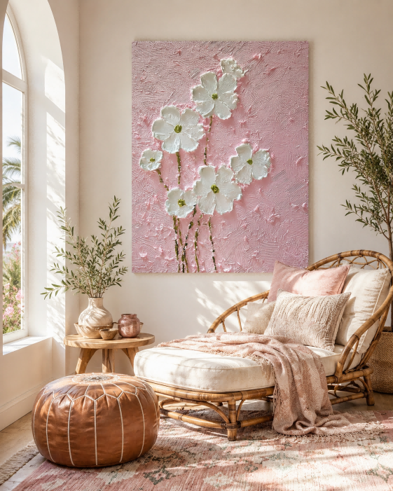Modern Textured Art Piece With Abstract White Flowers On Pink Background