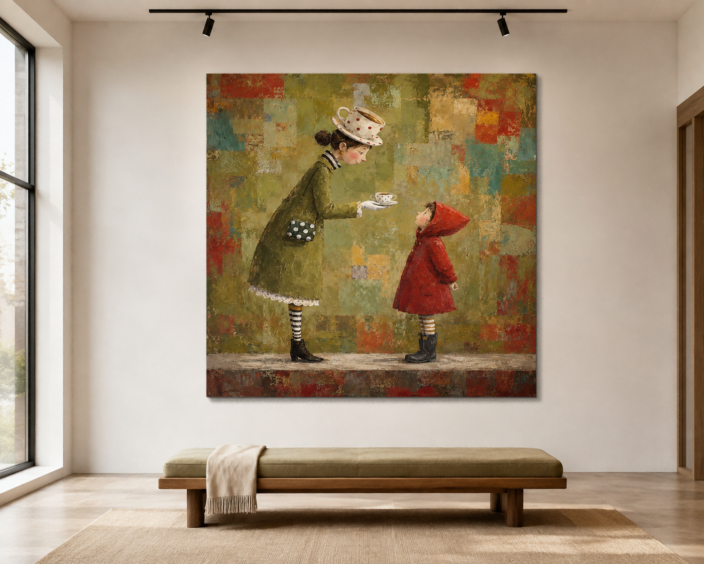 Hand-Painted Woman And Child Canvas Art With Vintage Tea Theme