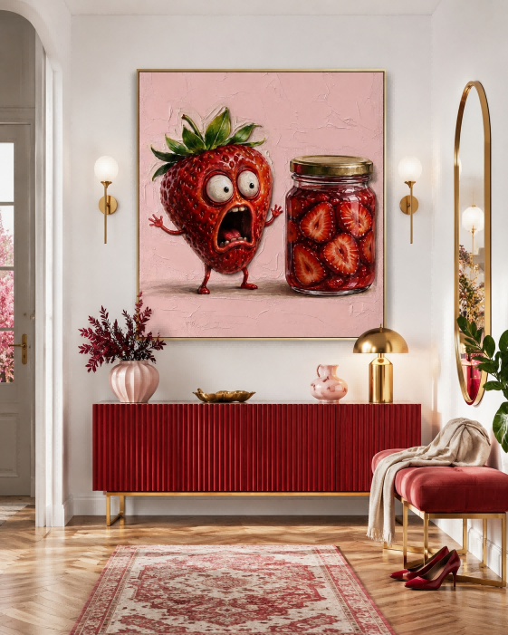 Surreal Strawberry Character Art With Abstract Elements Hand Painted Canvas For Playful Living Room And Dining Area Design