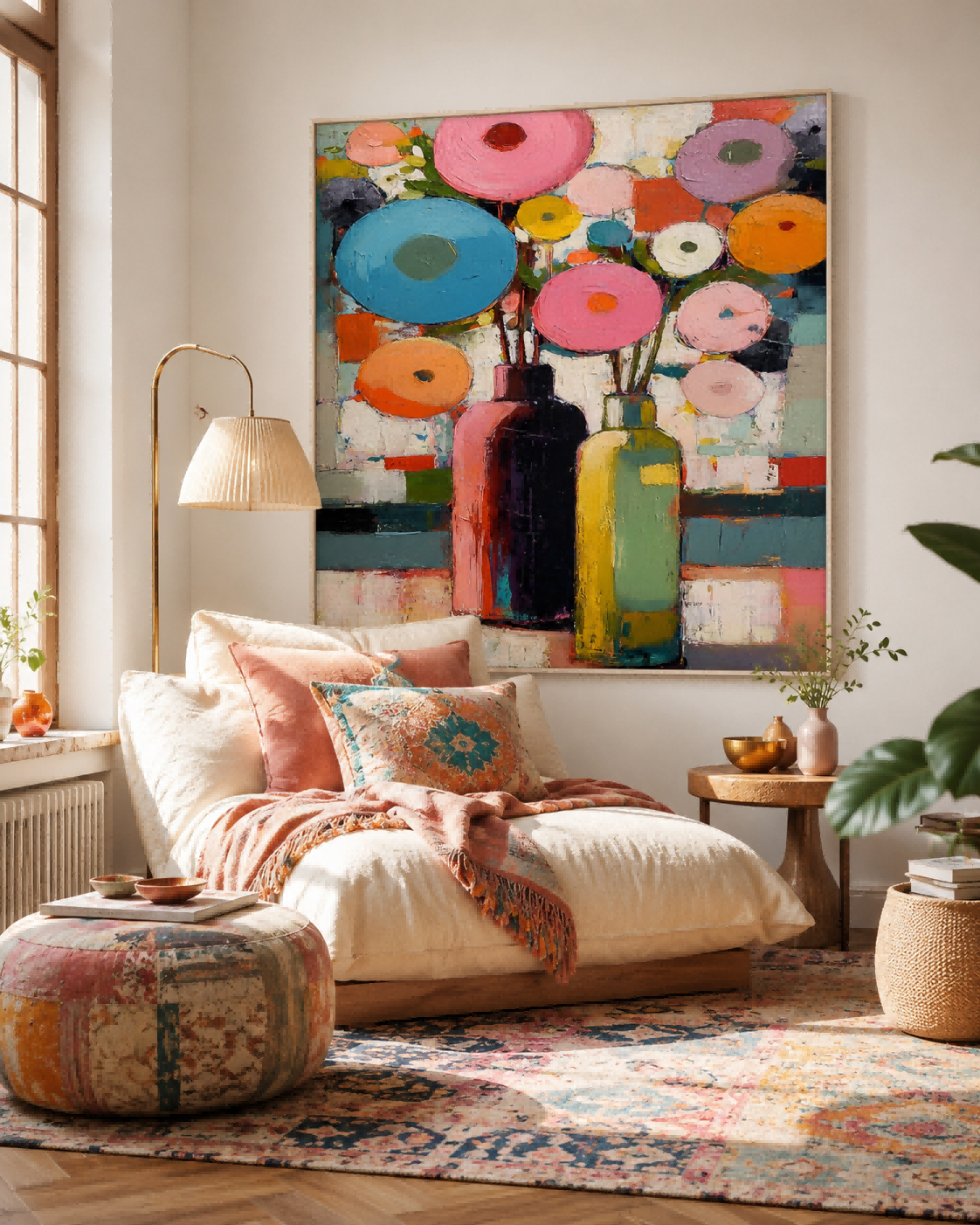Vibrant Geometric Floral Art With Colorful Vases For Modern Living Room Wall Decor