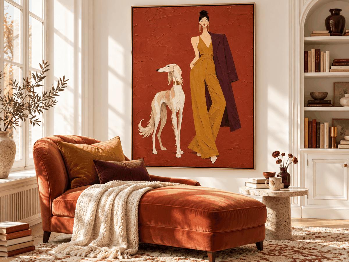 Hand-Painted Woman And Dog Canvas Art In Brick Red And Mustard Yellow