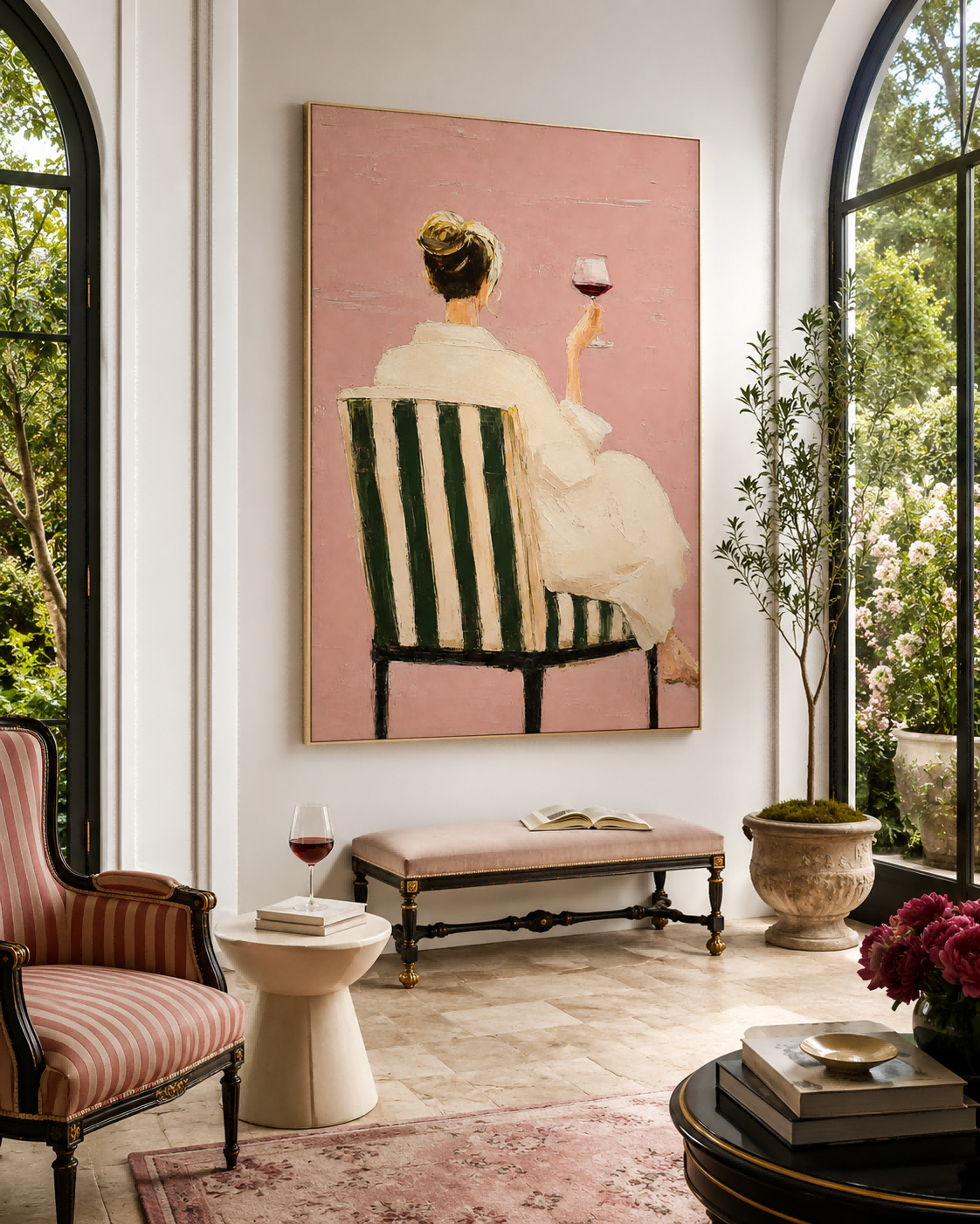 Modern Impressionist Canvas Painting Textured Pink And Green Abstract Figure Art For Sale