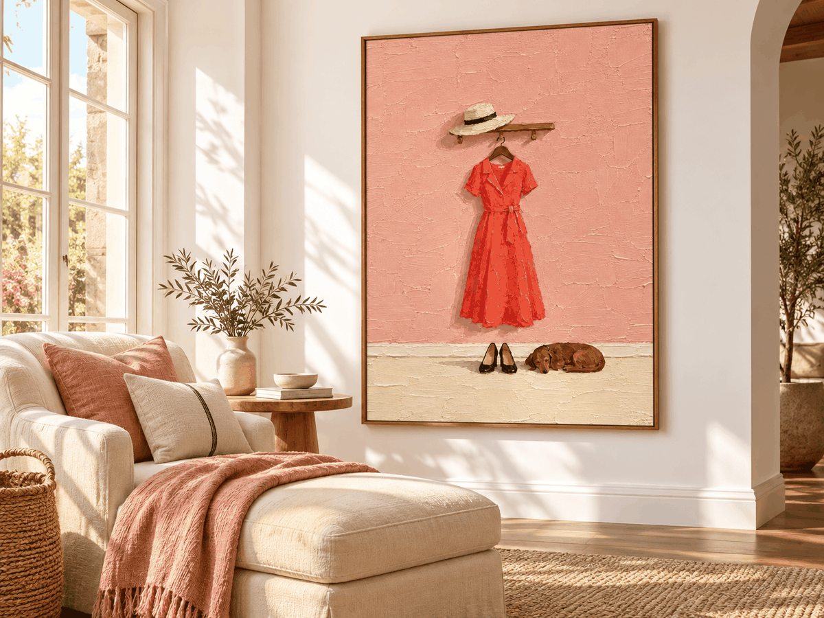Red Dress And Dachshund Hand-Painted Canvas Art With Textured Pink Wall