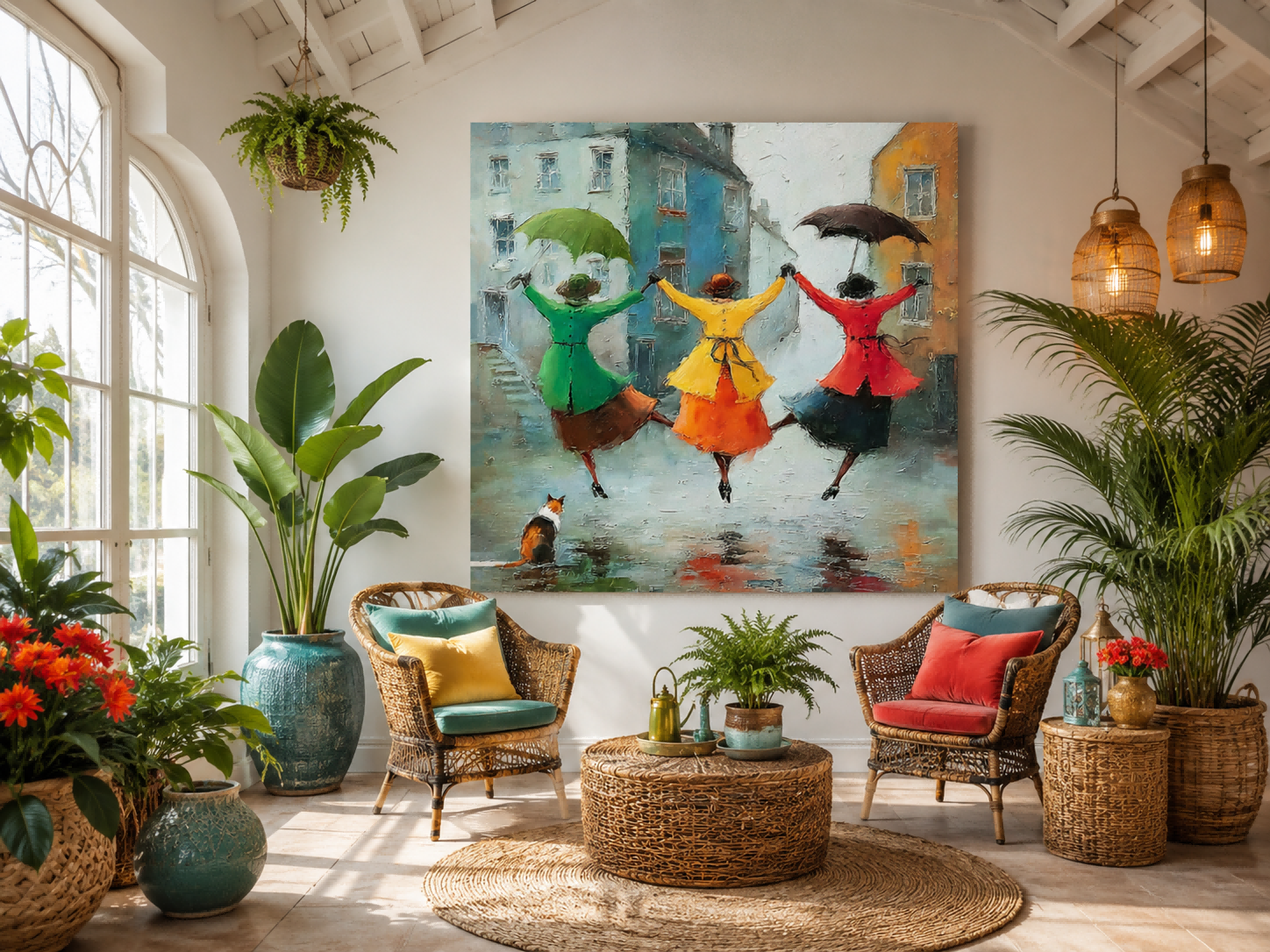 Joyful Friendship Canvas Art Depicting Women Dancing In Rainy City Street