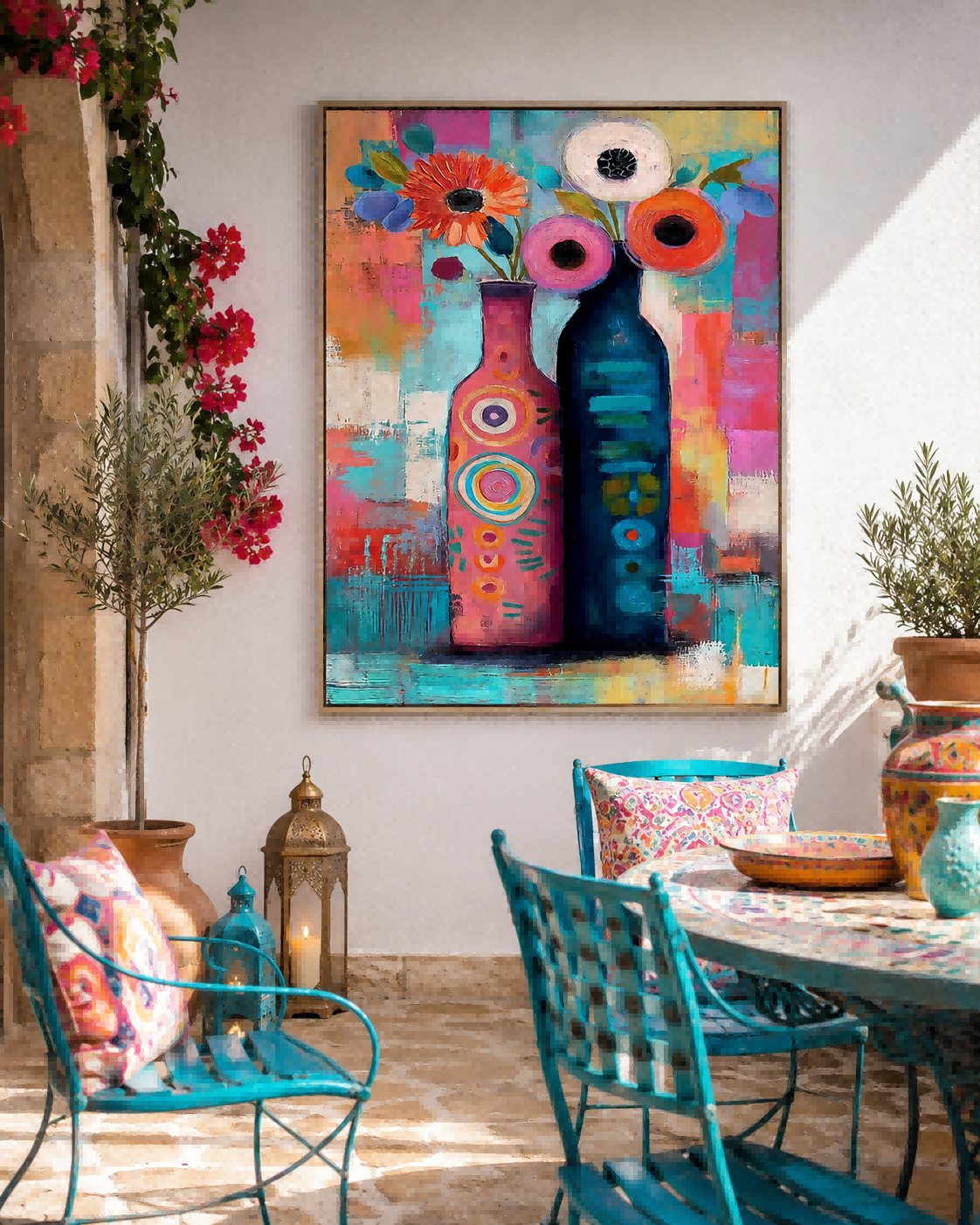 Abstract Vase Flower Painting In Bright Colors Handmade Oil Art For Eclectic Interior Design And Hallway