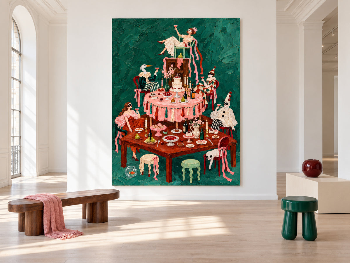 Surreal Masquerade Feast Hand-Painted Canvas Art With Green Background