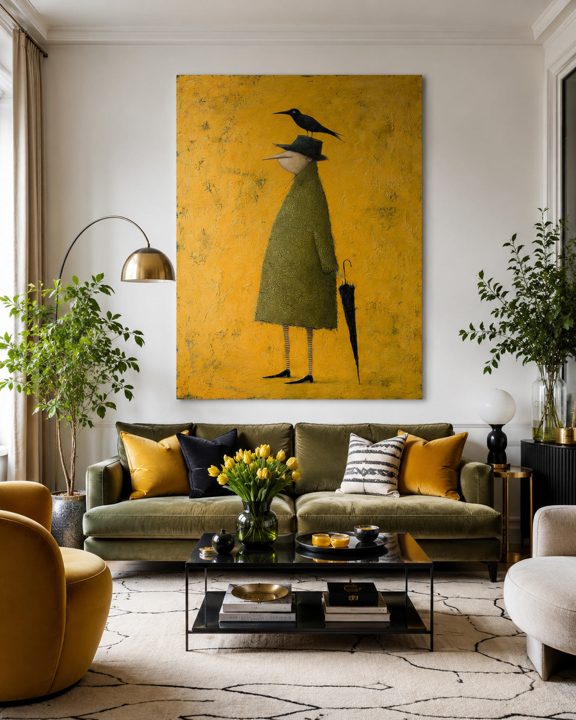 Original Figurative Art Of Man With Crow And Umbrella In Abstract Style For Unique Home Decoration