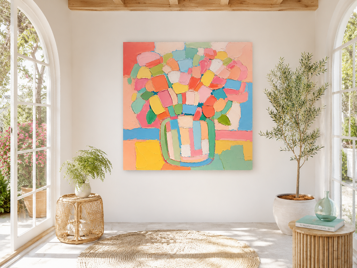 Abstract Floral Still Life Canvas Painting With Macaron Colors And Impasto Texture Contemporary Collage Style Oil Painting With Textured Geometric Flower Patterns