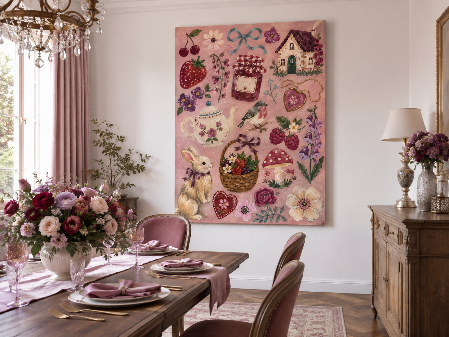 Vintage Pastoral Art With Berries And Cottage For Cozy Home Decor