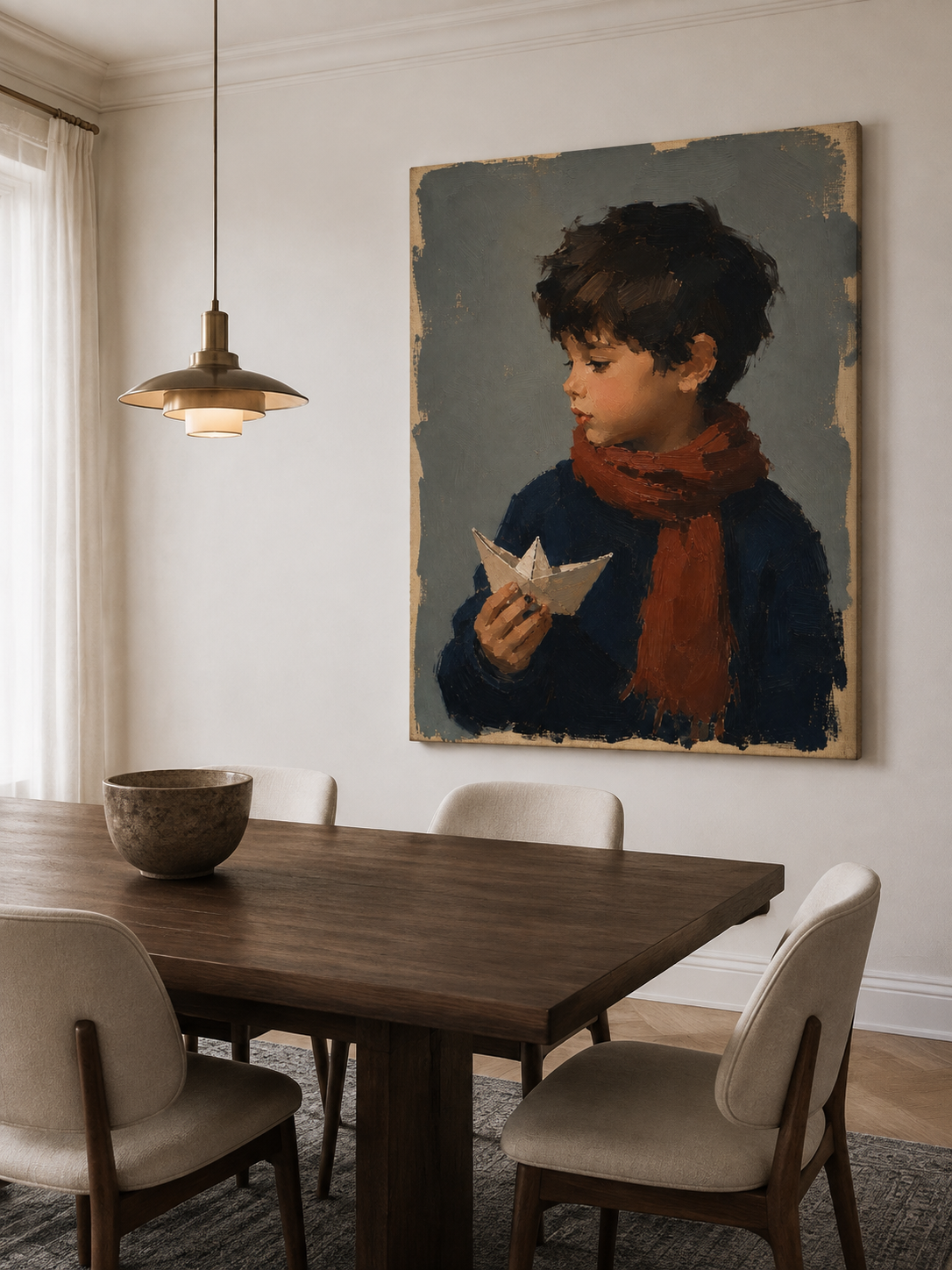 Vintage Kids Room Wall Art Boy Portrait With Red Scarf Original