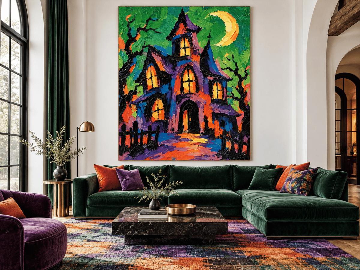 Haunted Manor Painting With Moon Hand-Painted Canvas Art In Purple And Orange Modern Halloween Wall Art