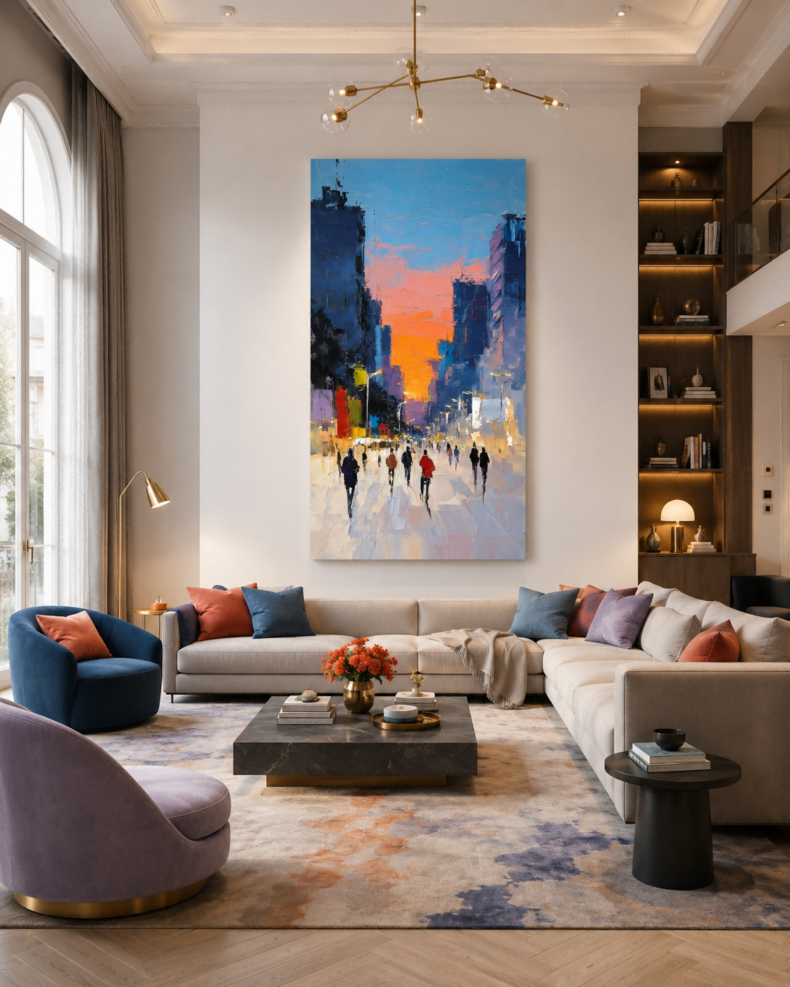 Original Textured Canvas Painting Of City Sunset With Abstract Architecture And People Silhouettes