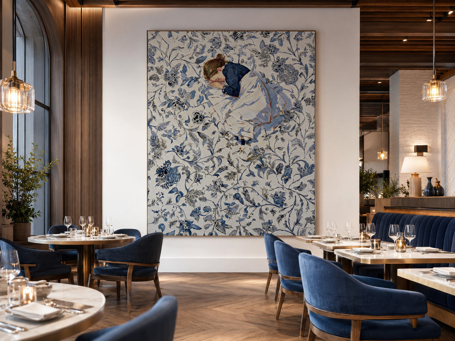 Vintage Illustrative Art With Delicate Texture And Blue White Tones