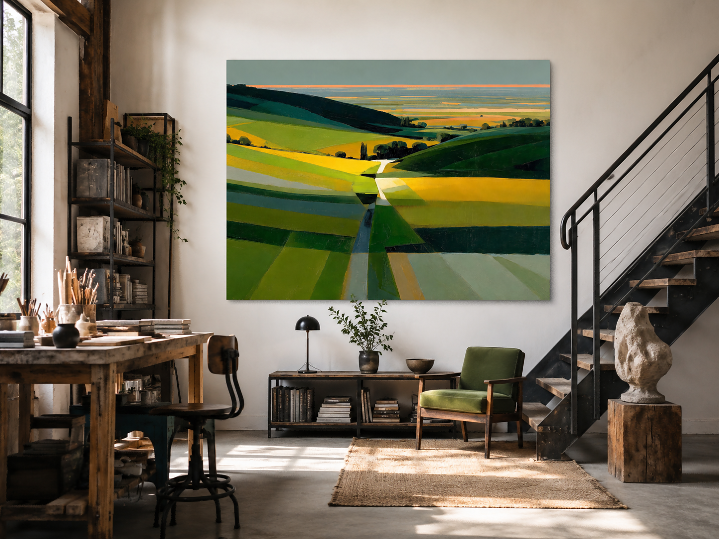 Modern Abstract Landscape Painting With Green And Yellow Fields For Living Room Decor