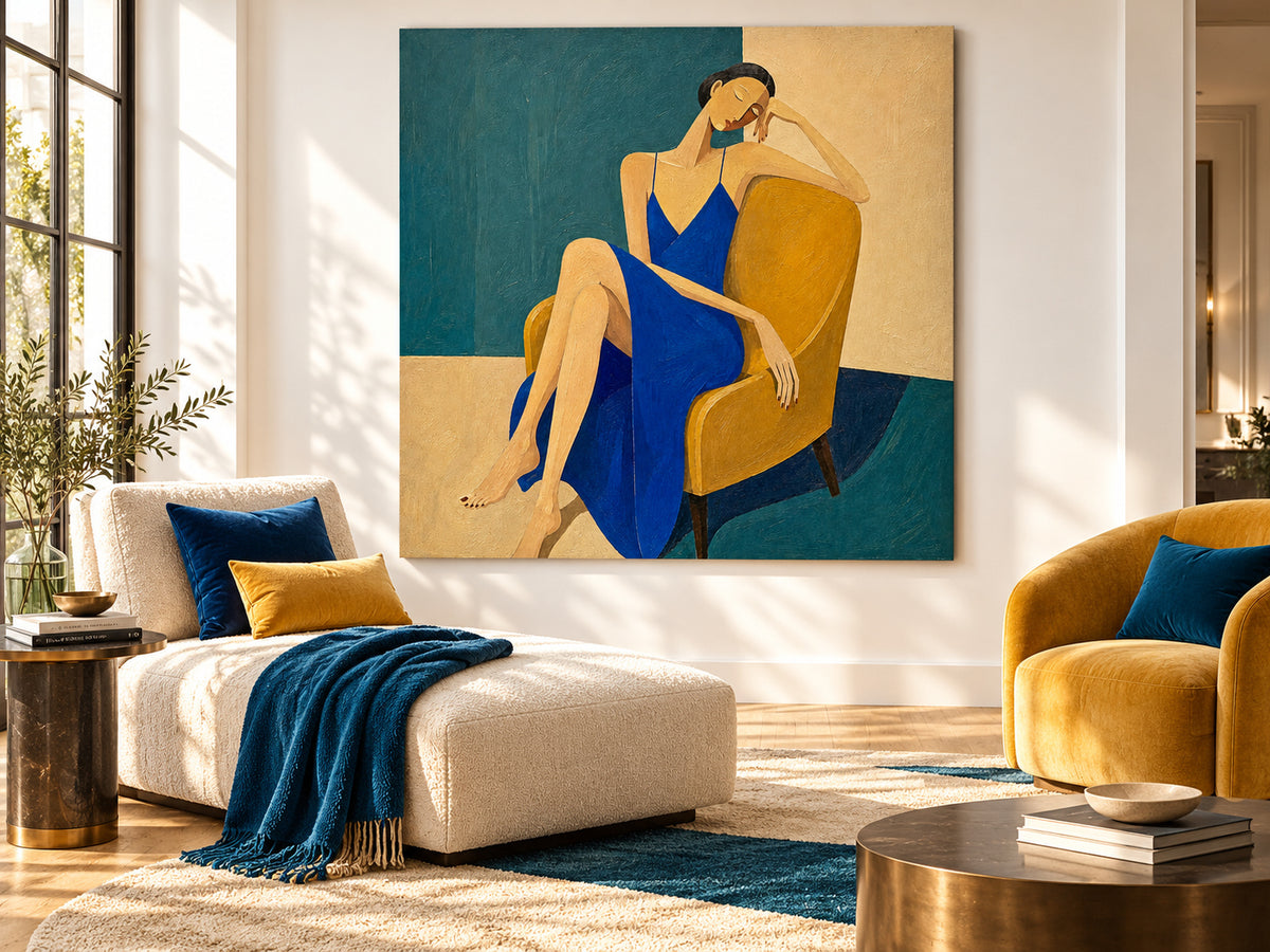 Minimalist Vintage Style Canvas Painting Textured Blue Beige Modern Portrait Art