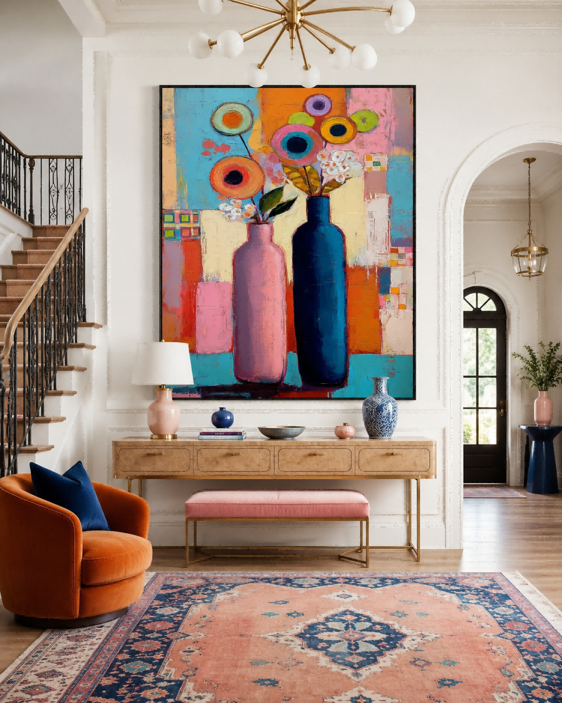 Modern Pop Art Style Floral Canvas With Geometric Shapes And Bold Colors For Contemporary Interiors
