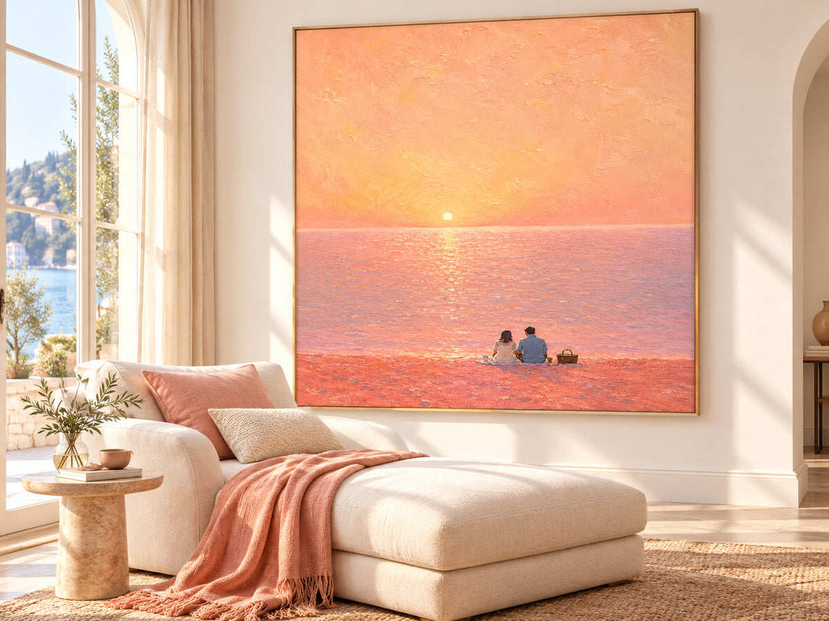 Romantic Couple Sunset Beach Hand-Painted Canvas Art In Pink And Gold Tones