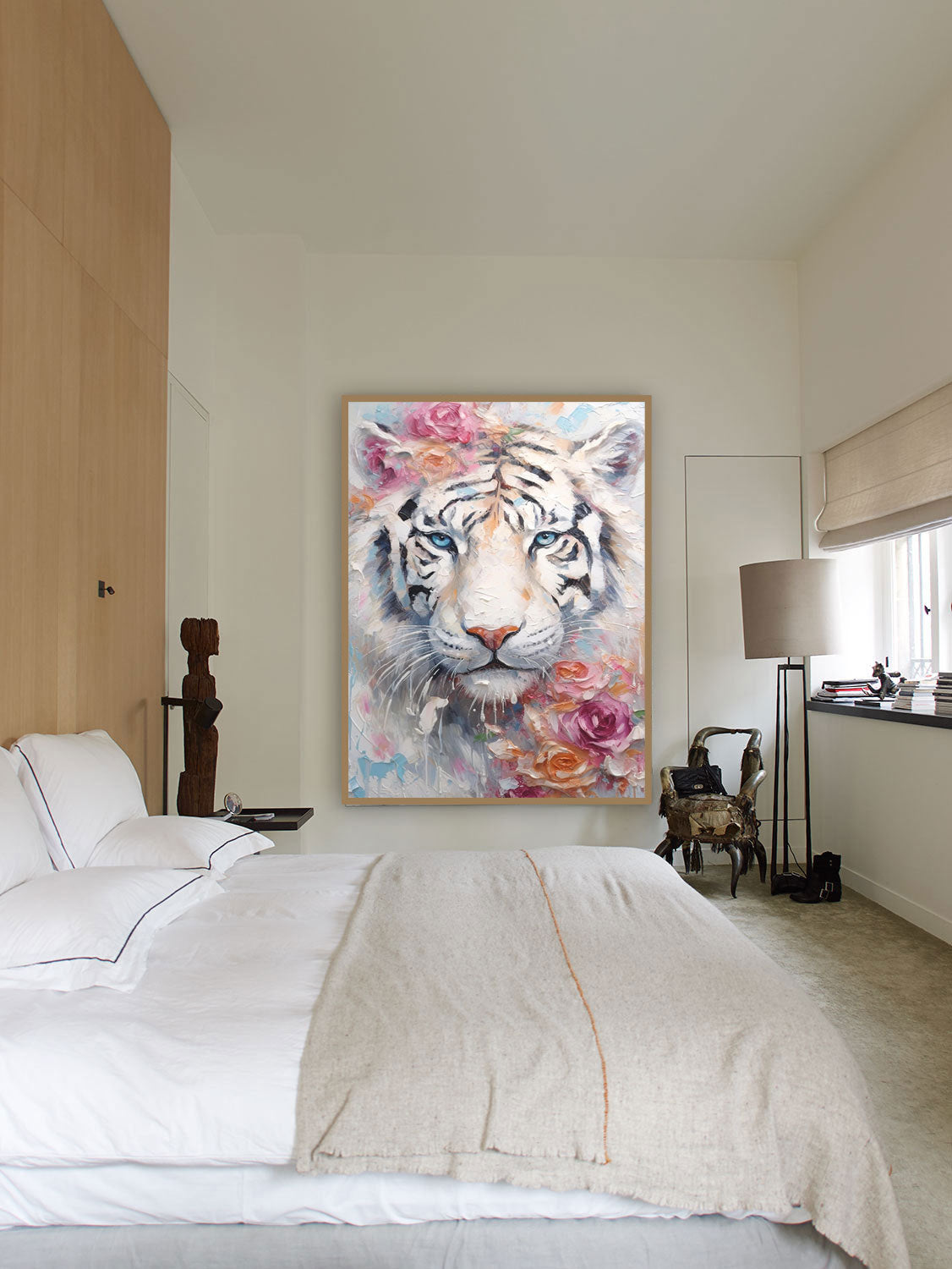 Impressionist White Tiger Oil Painting Textured Flowers And Tiger Canvas Wall Art Modern Animal Oil Painting Framed Living Room Decor